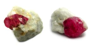 Ruby crystals in marble matrix from Jagdalek, Afghanistan.